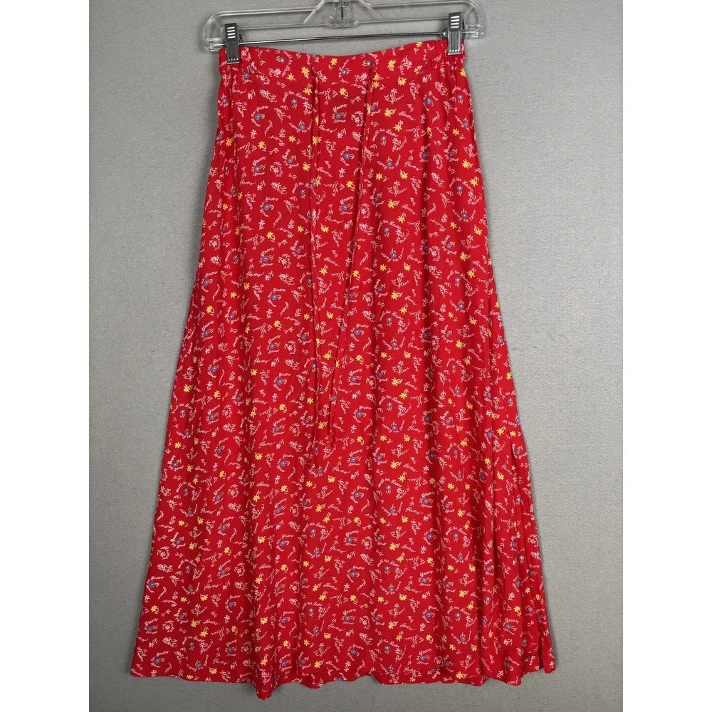 Ali Miles Skirt Womens Petite Small Red Floral Rayon A Line Pull On Midi Boho